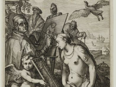 Kupferstich: Umgeben von Vertretern der auf analytisches Sehen gründenden Naturwissenschaften portraitiert ein älterer Maler die fast unbekleidete Liebesgöttin Venus
